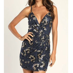 Lulus My Best Look Navy Gold Sequin Surplice Bodycon Mini Dress New Women Size M